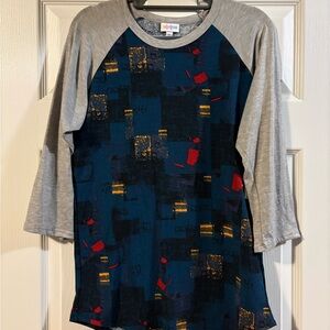 LuLaRoe Abstract Long Sleeve Tee - Blue, Gray, Red, and Gold